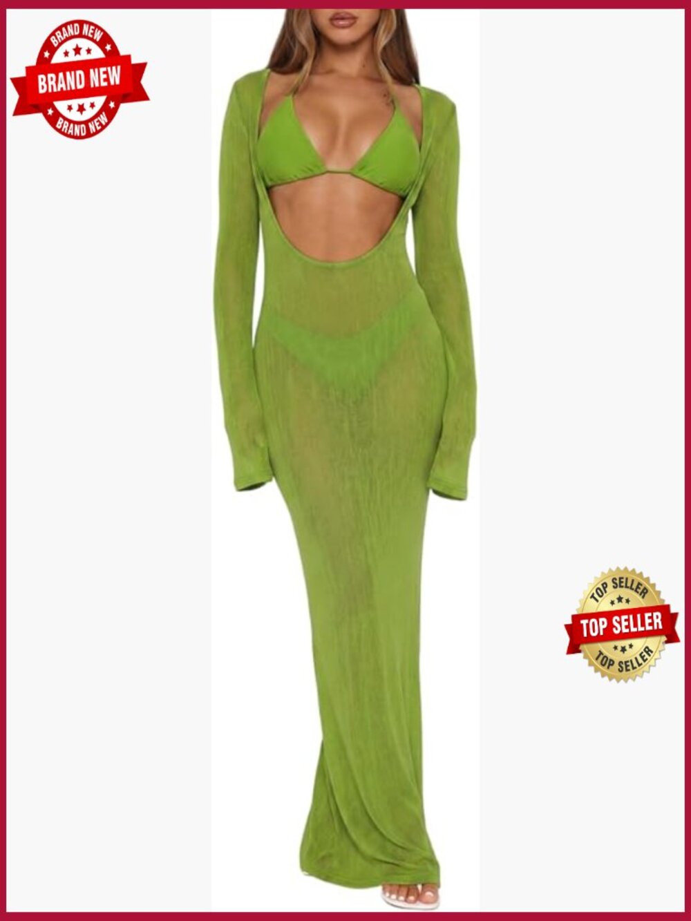 3-Piece Swimsuit Set Long Sleeve Mesh Cover Up & Triangle Bikini